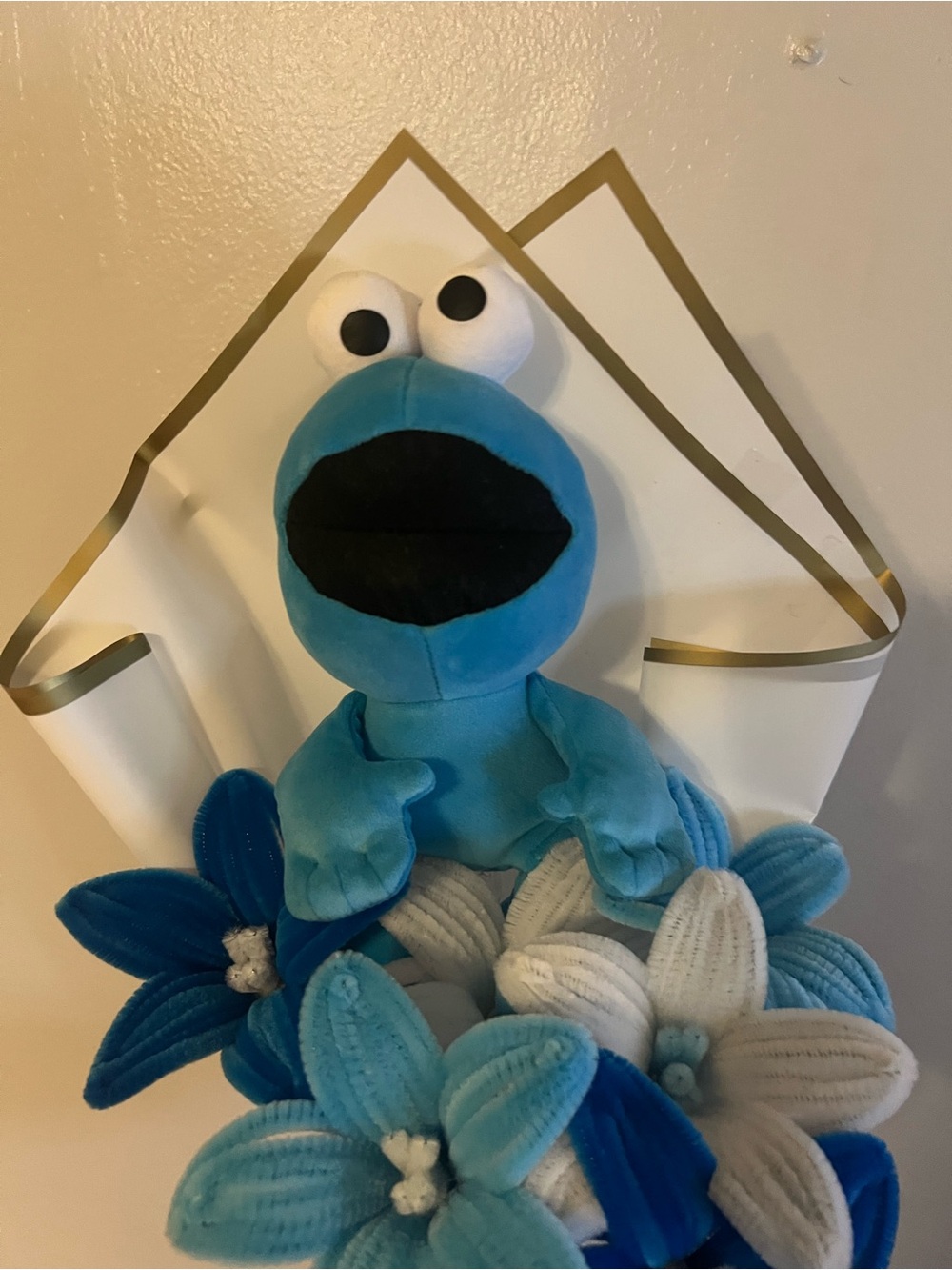Blue cookie monster Plush Character Floral Accent - Home Decor